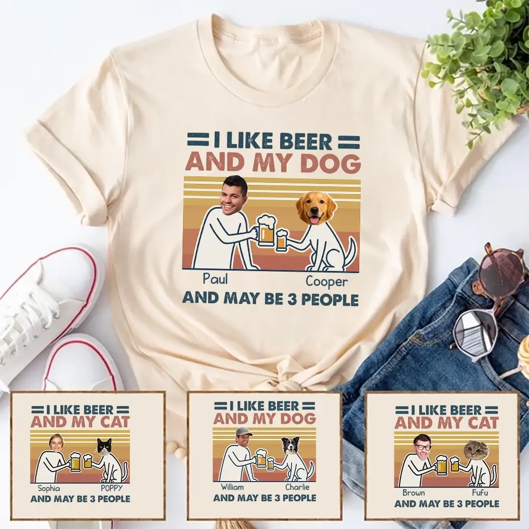 Custom Face T-shirt, I Like Beer and My Dog - Personal Gift for Pet Lovers