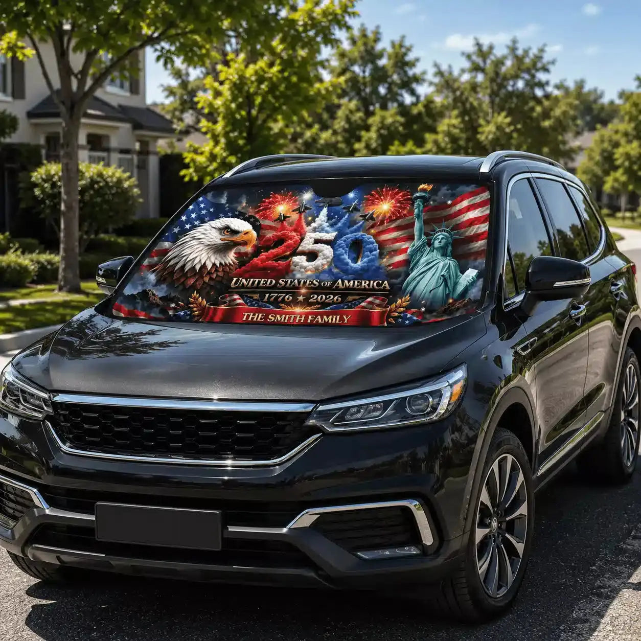 Custom Family Name - America 250 Auto Sun Shade Duconspace