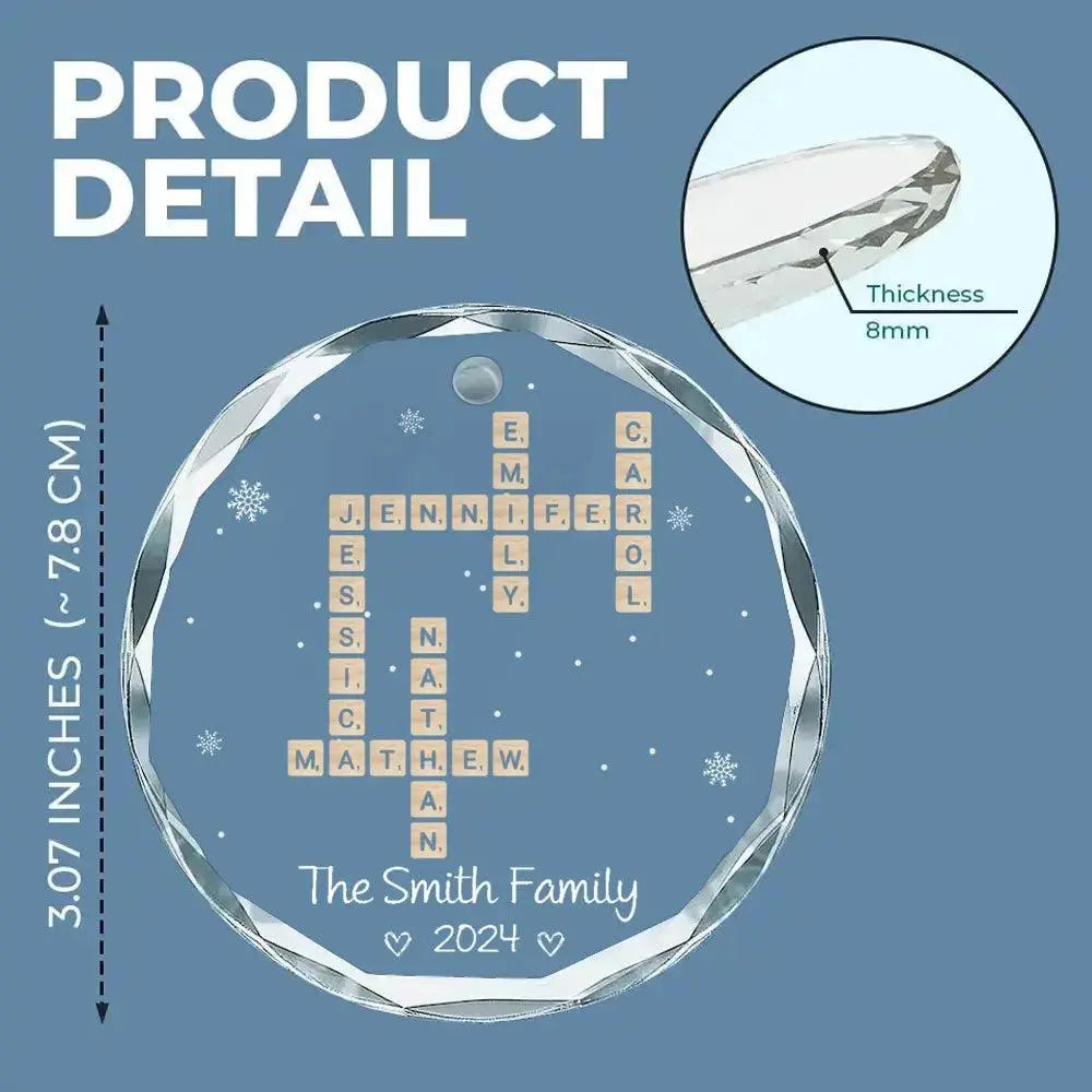 Custom Family Names Crossword - Personalized Family Christmas Circle Glass Ornament - Cherished Christmas Gift For Family Members Printbelle