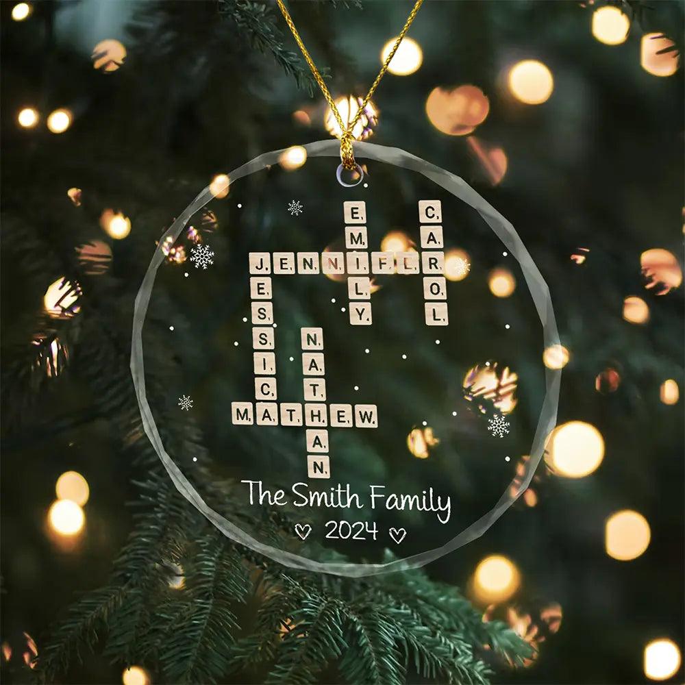 Custom Family Names Crossword - Personalized Family Christmas Circle Glass Ornament - Cherished Christmas Gift For Family Members