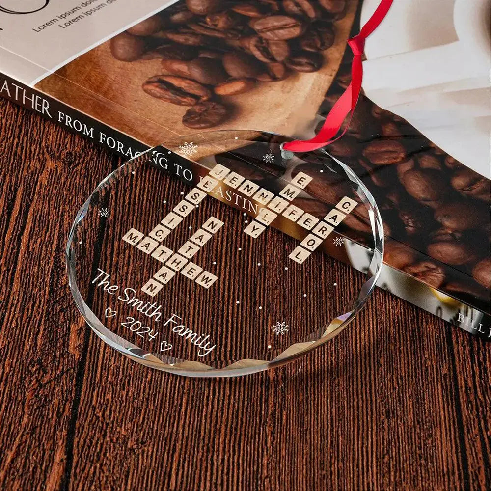 Custom Family Names Crossword - Personalized Family Christmas Circle Glass Ornament - Cherished Christmas Gift For Family Members Printbelle