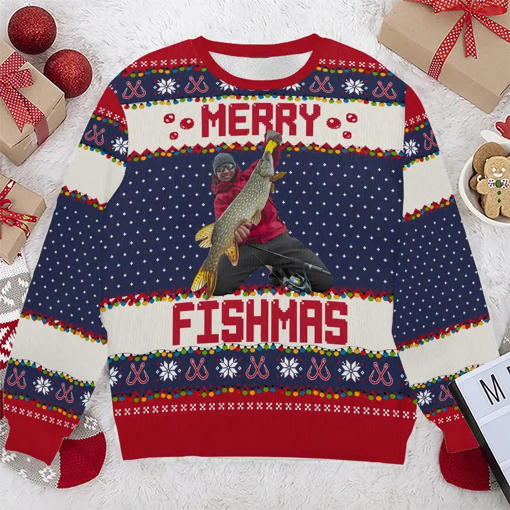 Custom Fishing Moment Photo Wool Sweater - Personalized Photo Ugly Sweater - Merry Fishmas Gift For Fishing Lovers