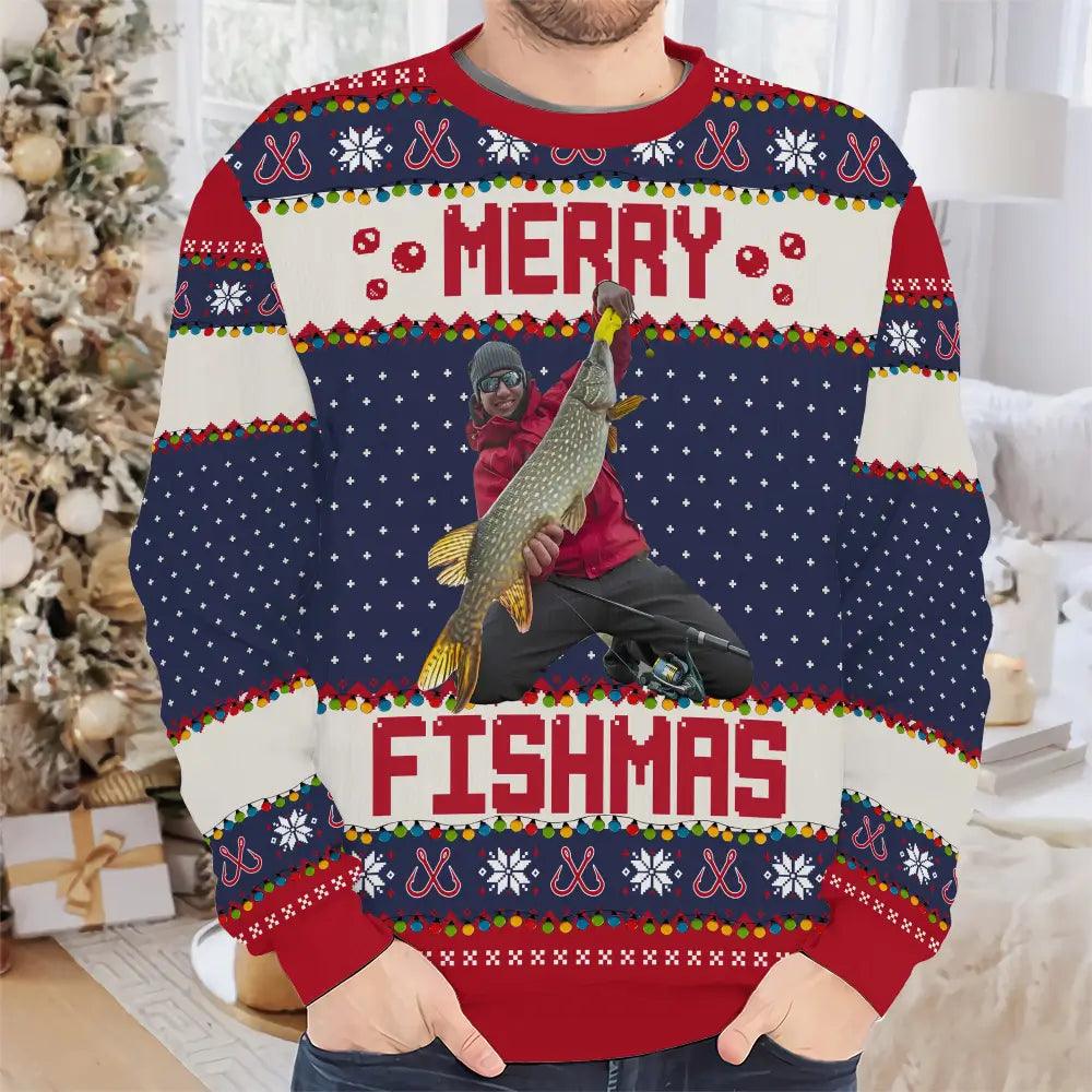 Custom Fishing Moment Photo Wool Sweater - Personalized Photo Ugly Sweater - Merry Fishmas Gift For Fishing Lovers
