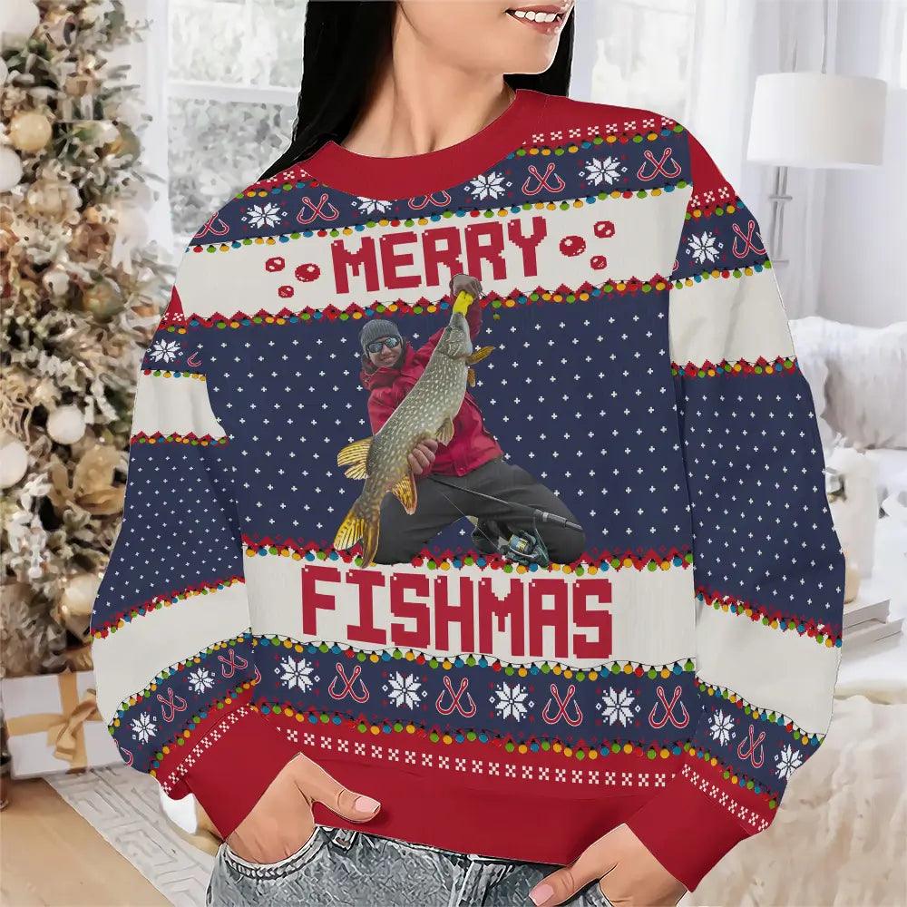 Custom Fishing Moment Photo Wool Sweater - Personalized Photo Ugly Sweater - Merry Fishmas Gift For Fishing Lovers