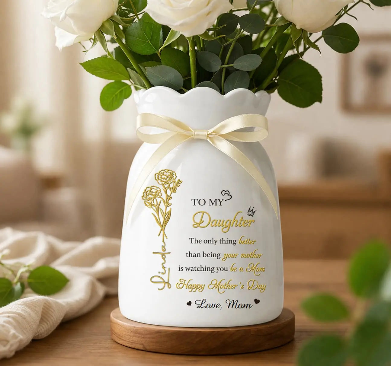 Custom Flower Vase With Ribbon - Personalized Gifts for Daughter Duconspace