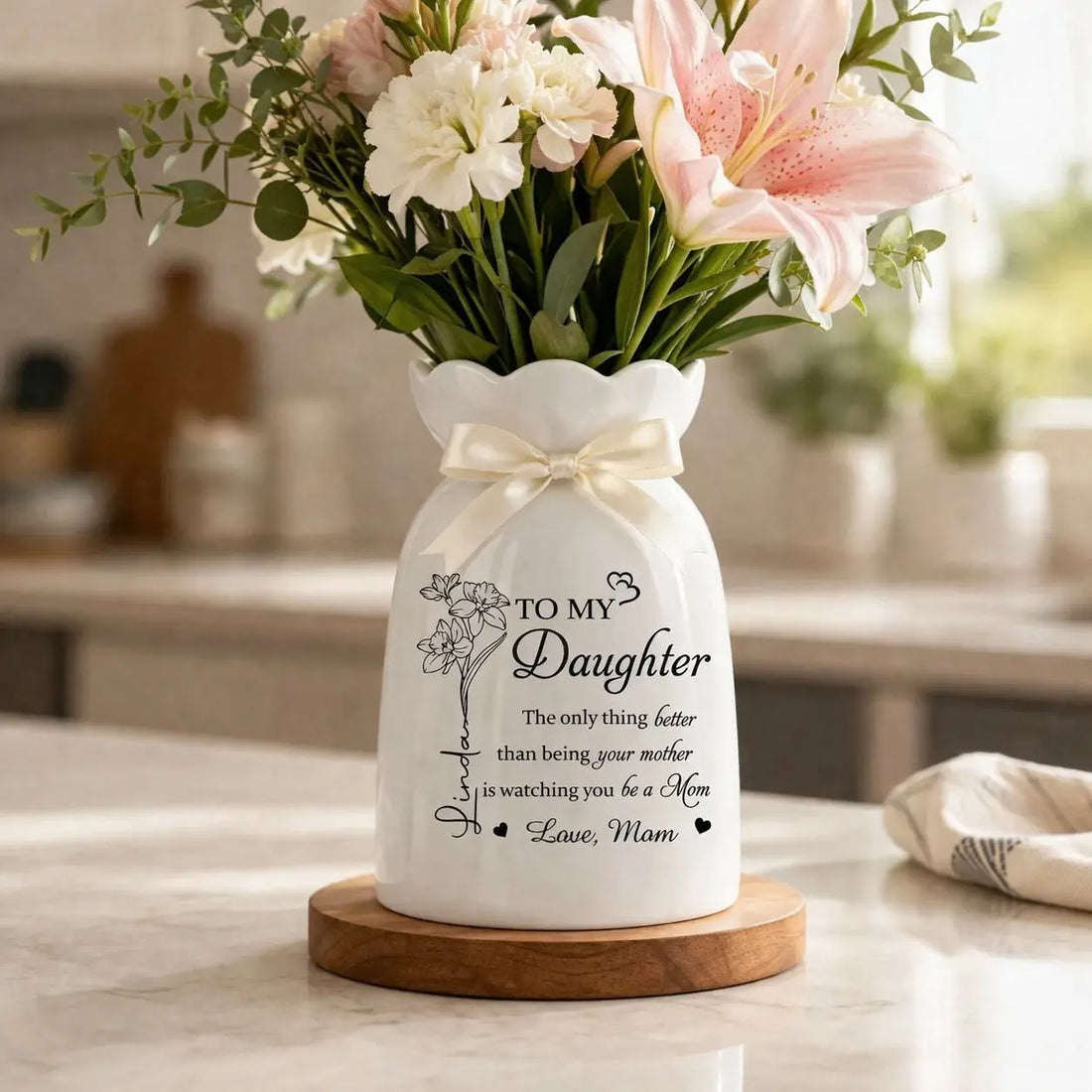 Custom Flower Vase With Ribbon, Mothers Day Birthday Gifts For Daughter Duconspace