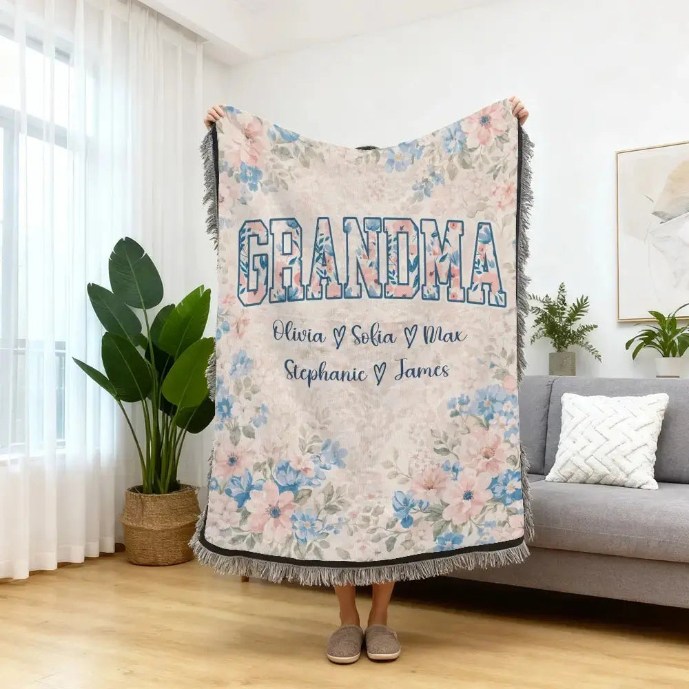 Custom Kids Name on Flower Blanket - Personalized Gift for Grandma Duconspace