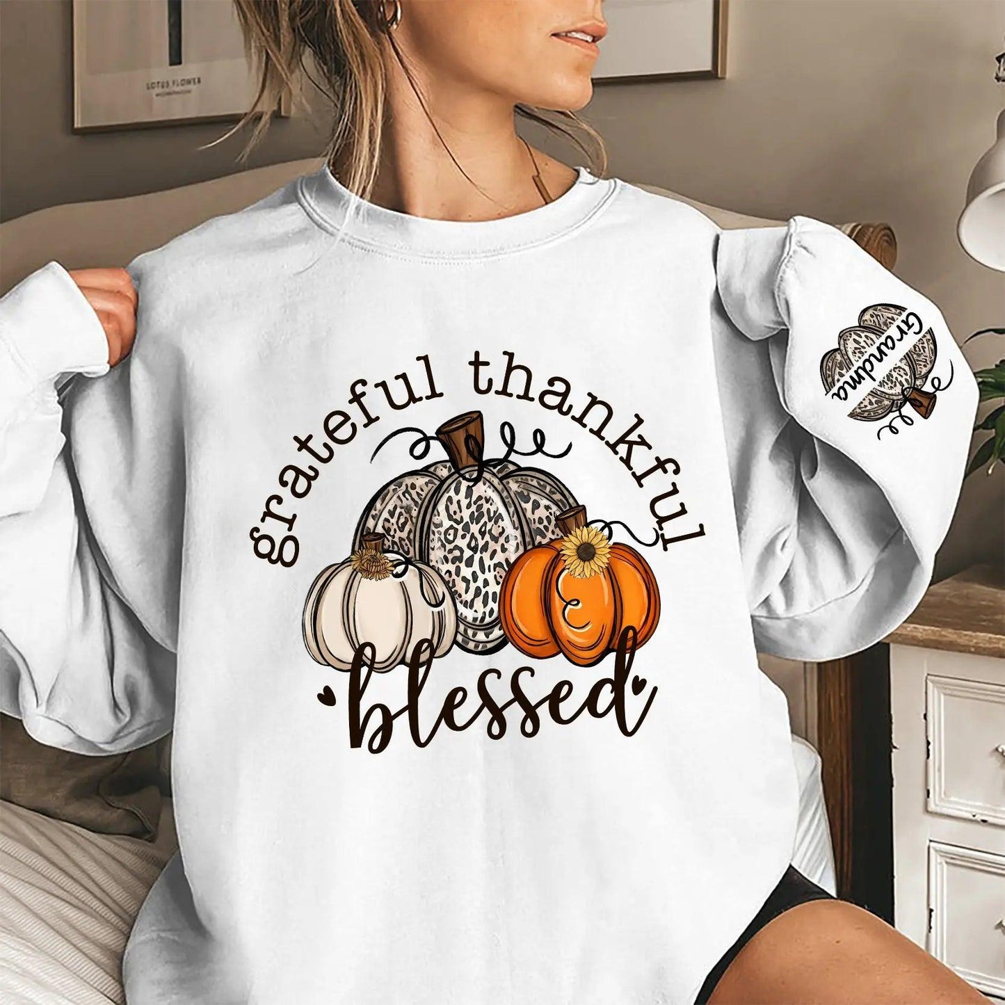 Grateful Thankful Blessed Nana, Mimi, Gigi Sweatshirt & Hoodie – Personalized with Grandchildren's Names on Sleeves