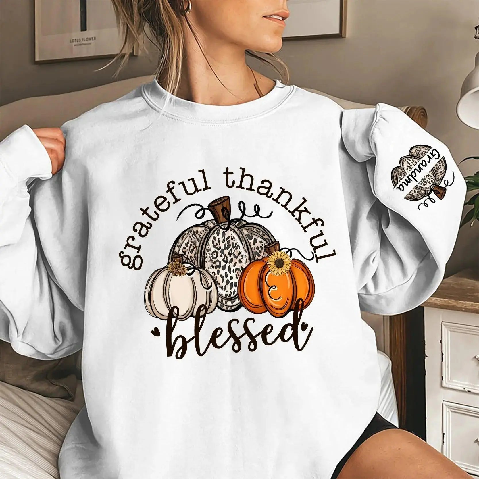 Grateful Thankful Blessed Nana, Mimi, Gigi Sweatshirt & Hoodie – Personalized with Grandchildren's Names on Sleeves Dreamship
