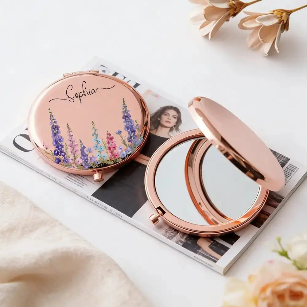 Custom Name on Circle Metallic Compact Mirror - Personalized Gift for Her Duconspace