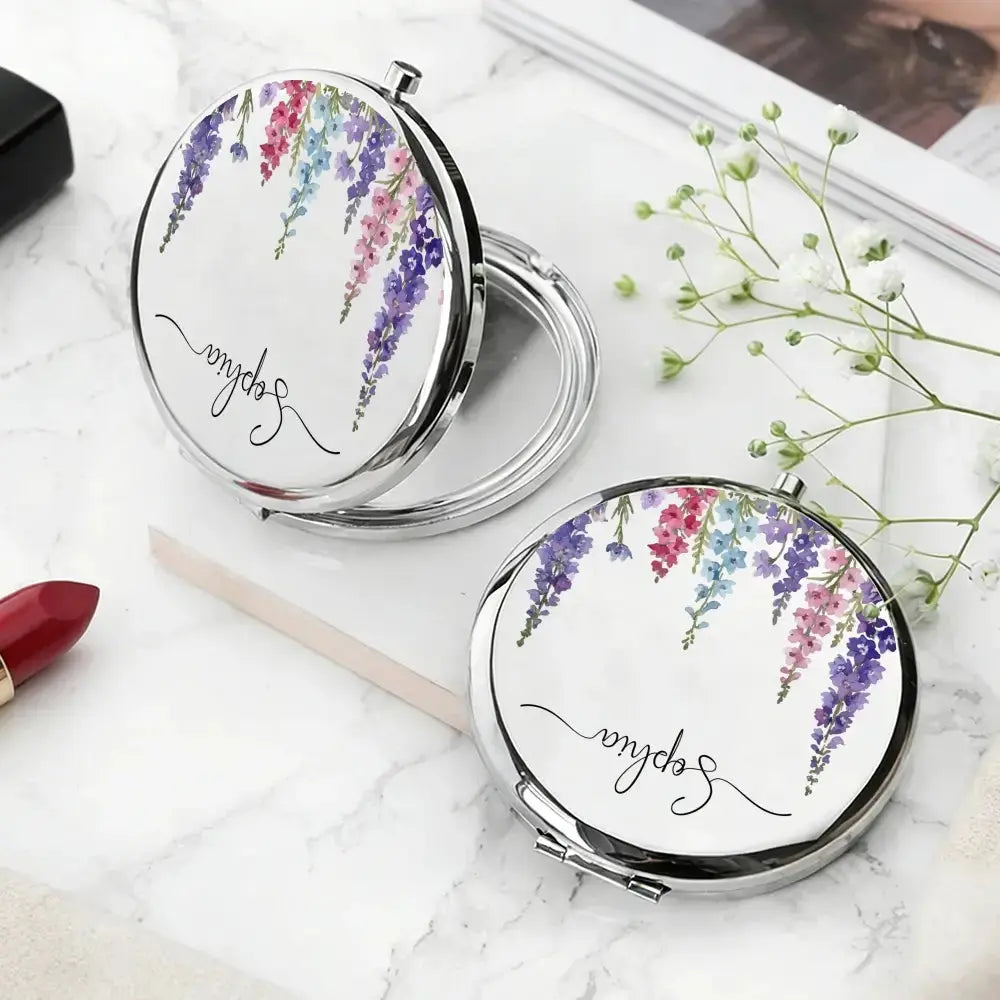 Custom Name on Circle Metallic Compact Mirror - Personalized Gift for Her Duconspace