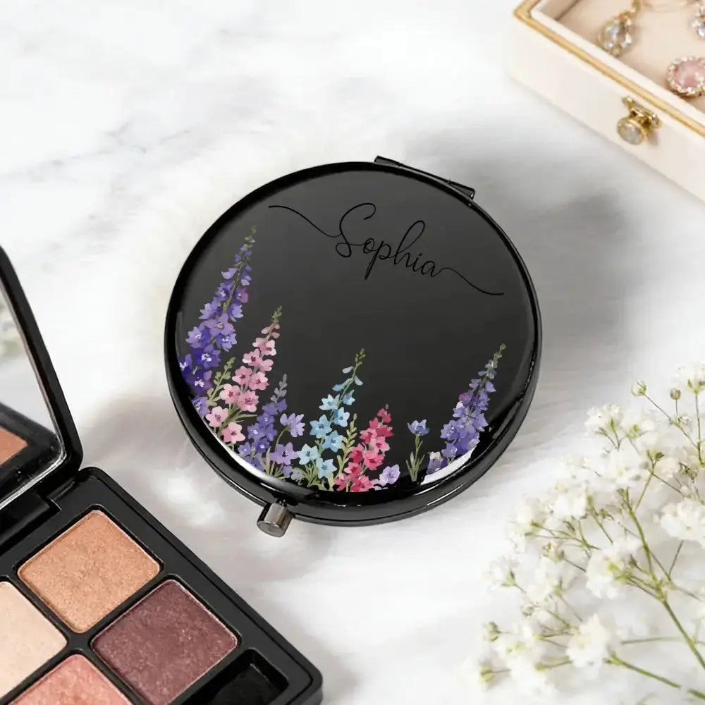 Custom Name on Circle Metallic Compact Mirror - Personalized Gift for Her Duconspace