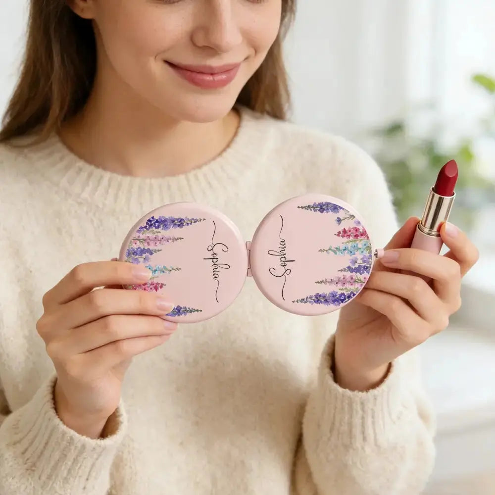 Custom Name on Circle Metallic Compact Mirror - Personalized Gift for Her Duconspace