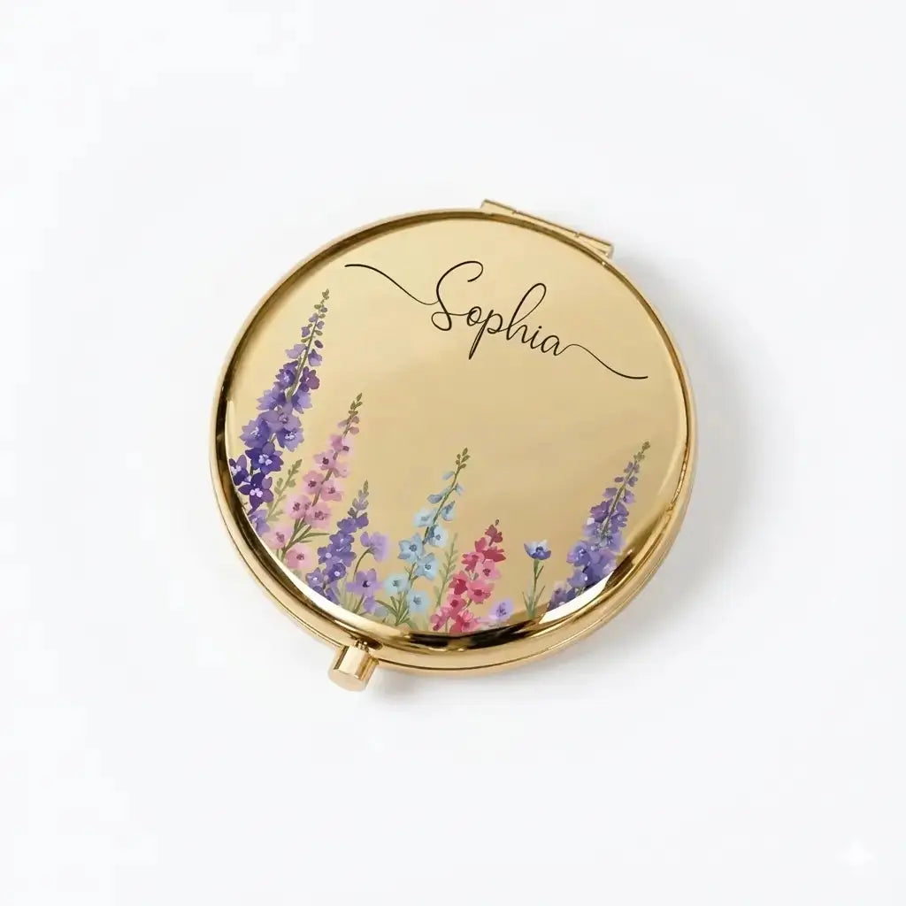 Custom Name on Circle Metallic Compact Mirror - Personalized Gift for Her Duconspace