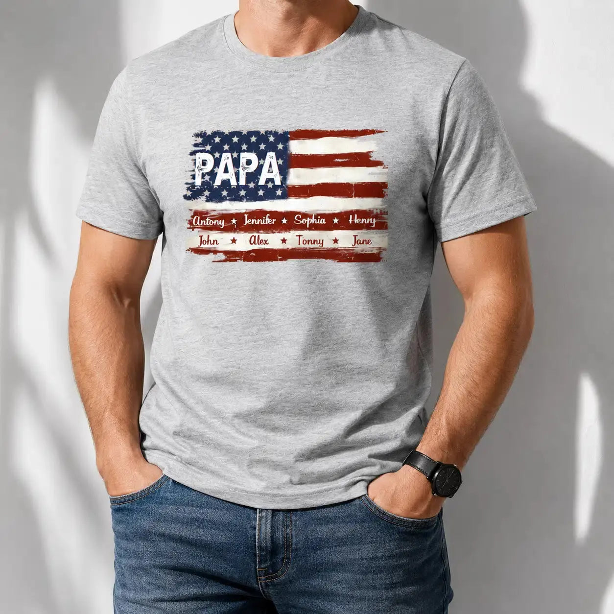 Custom Papa American Flag T-Shirt With Kids Names Duconspace