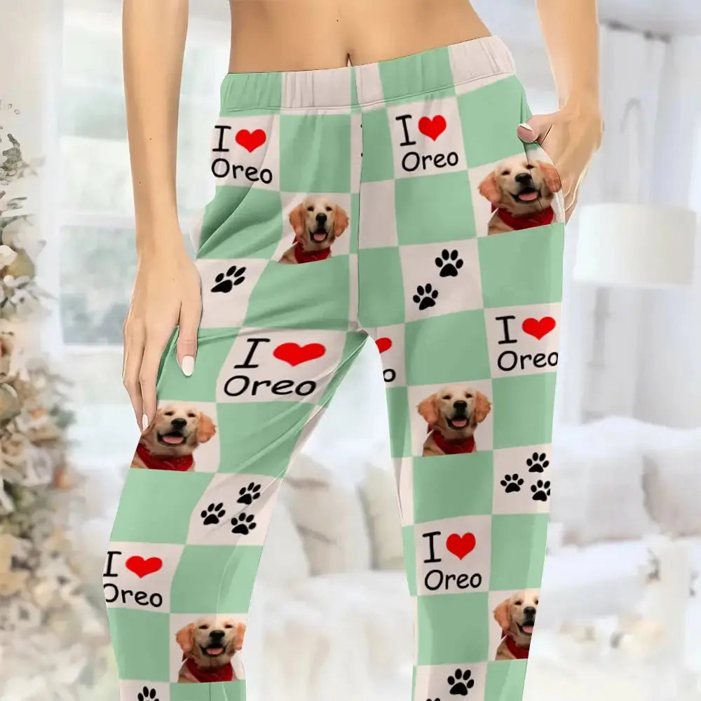 Custom Pet Photos Drawstring Long Pyjama Pants - Personalised Cute Paw Checkerboard Duconspace