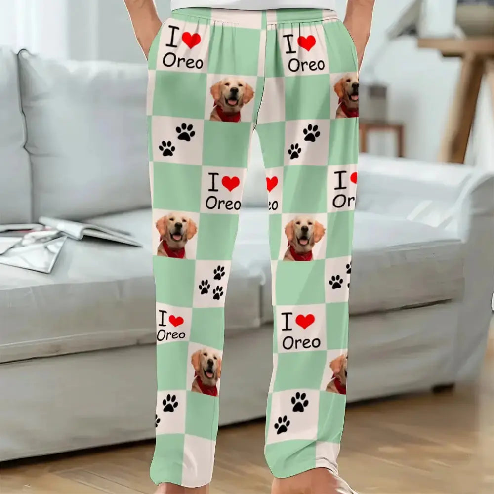 Custom Pet Photos Drawstring Long Pyjama Pants - Personalised Cute Paw Checkerboard Duconspace
