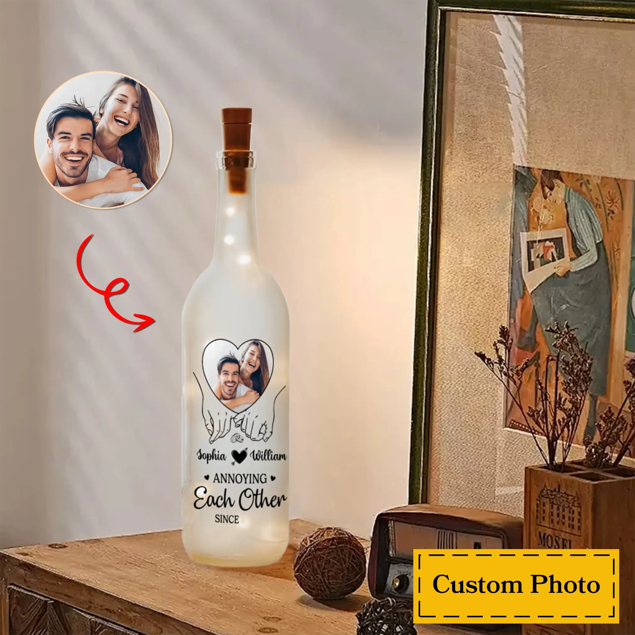 Custom Photo Bottle Lamp - Personalized Anniversary Wedding Gifts for Couples