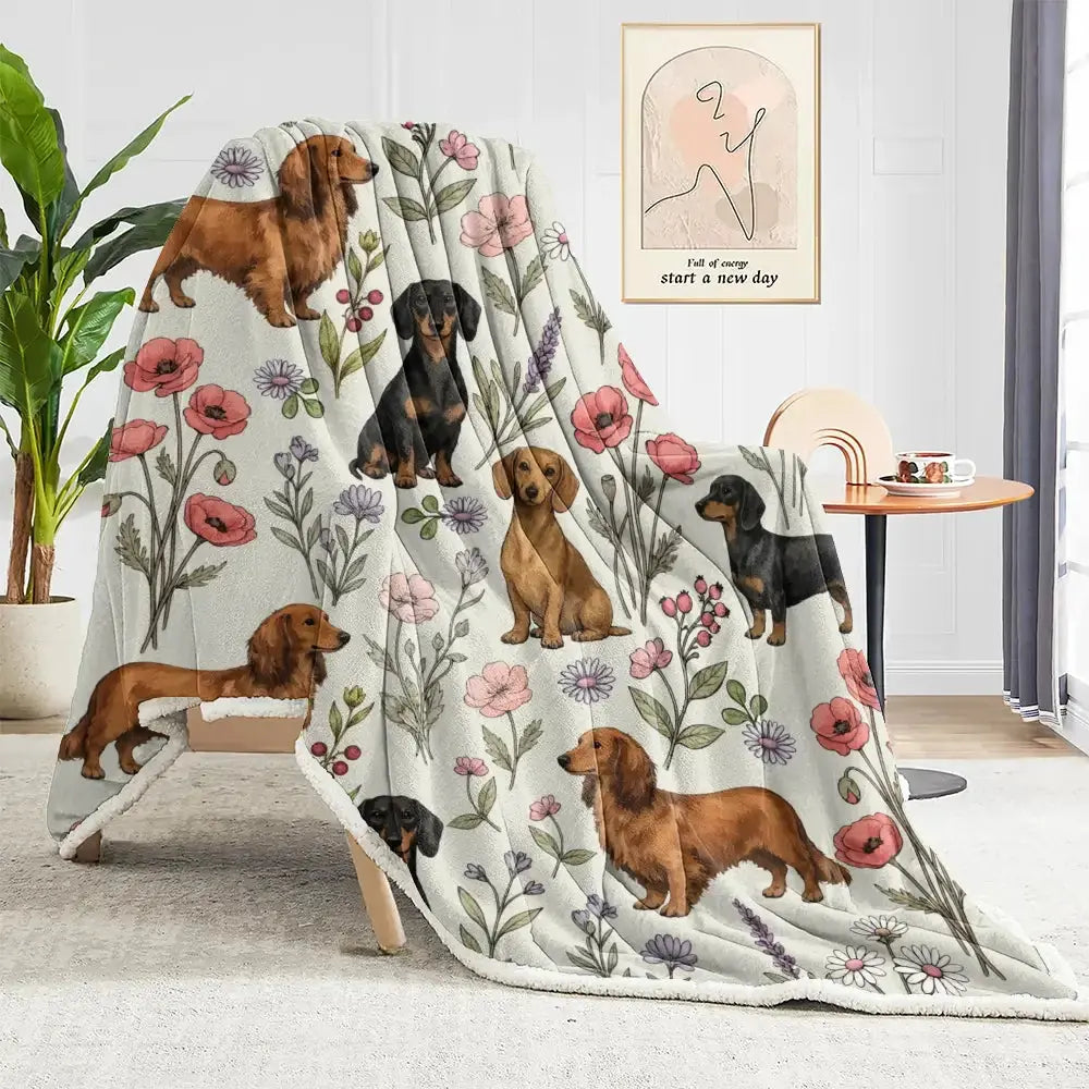 Dachshund Floral Blanket - Cute Sausage Dog Pattern Cozy Throw for Dog Lovers Duconspace