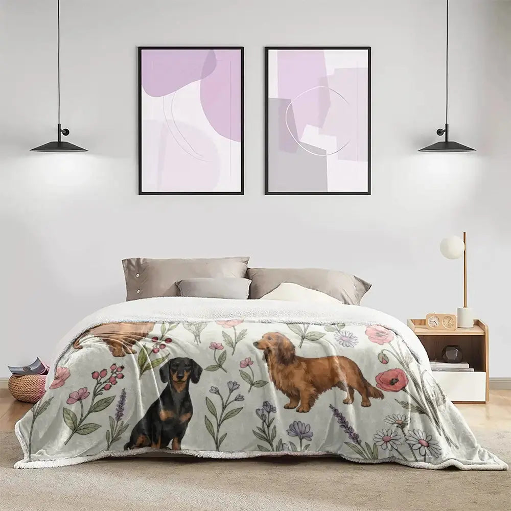 Dachshund Floral Blanket - Cute Sausage Dog Pattern Cozy Throw for Dog Lovers Duconspace