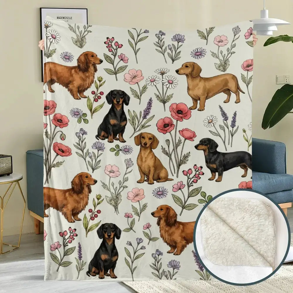 Dachshund Floral Blanket - Cute Sausage Dog Pattern Cozy Throw for Dog Lovers Duconspace