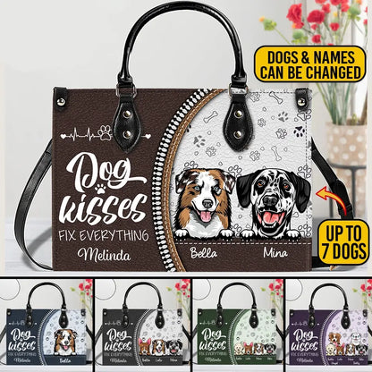 Dog Kisses Fix Everything – Personalized Leather Handbag, Custom Gift for Dog Moms, Dog Dads, and Pet Lovers