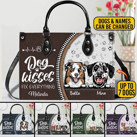 Dog Kisses Fix Everything – Personalized Leather Handbag, Custom Gift for Dog Moms, Dog Dads, and Pet Lovers