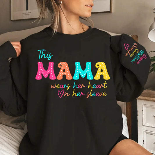 Every Color of Their Name, Every Beat of Her Heart – Custom Sweatshirt & Hoodie with Colorful Sleeve Names, Perfect Mother’s Day Gift for Mama