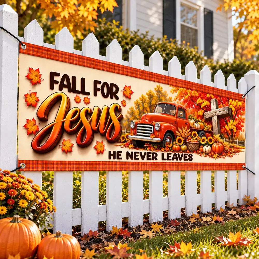Fall For Jesus banner on fence, angled view