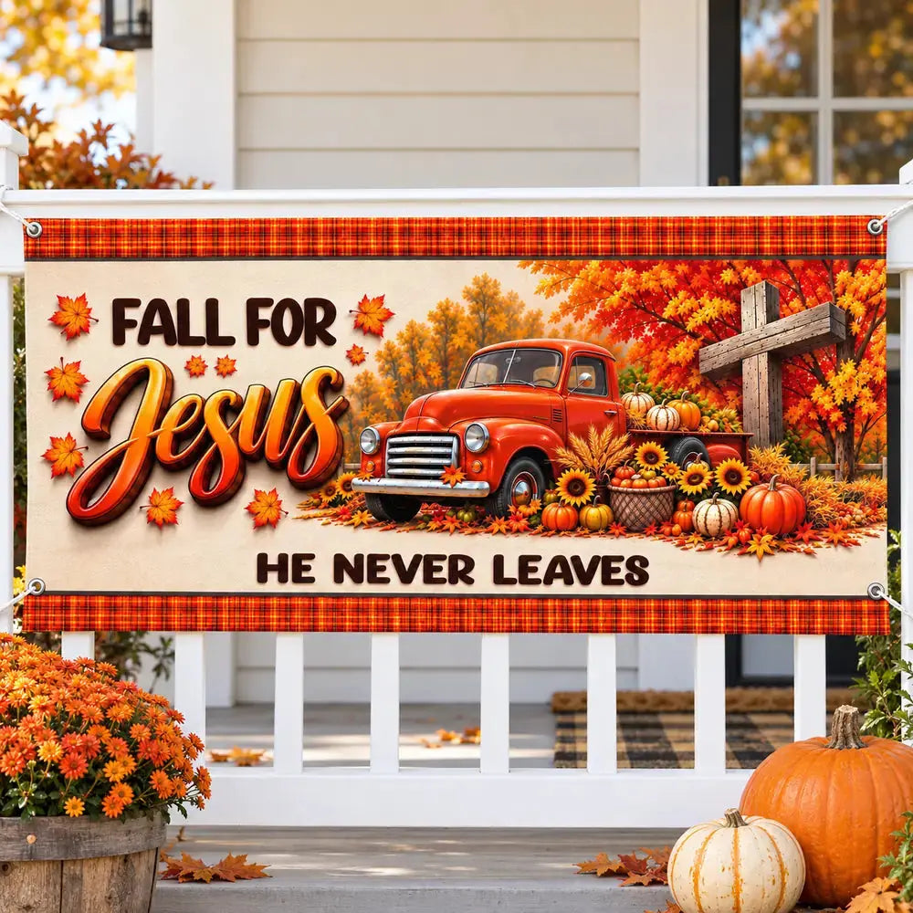Fall For Jesus banner on farmhouse porch railing