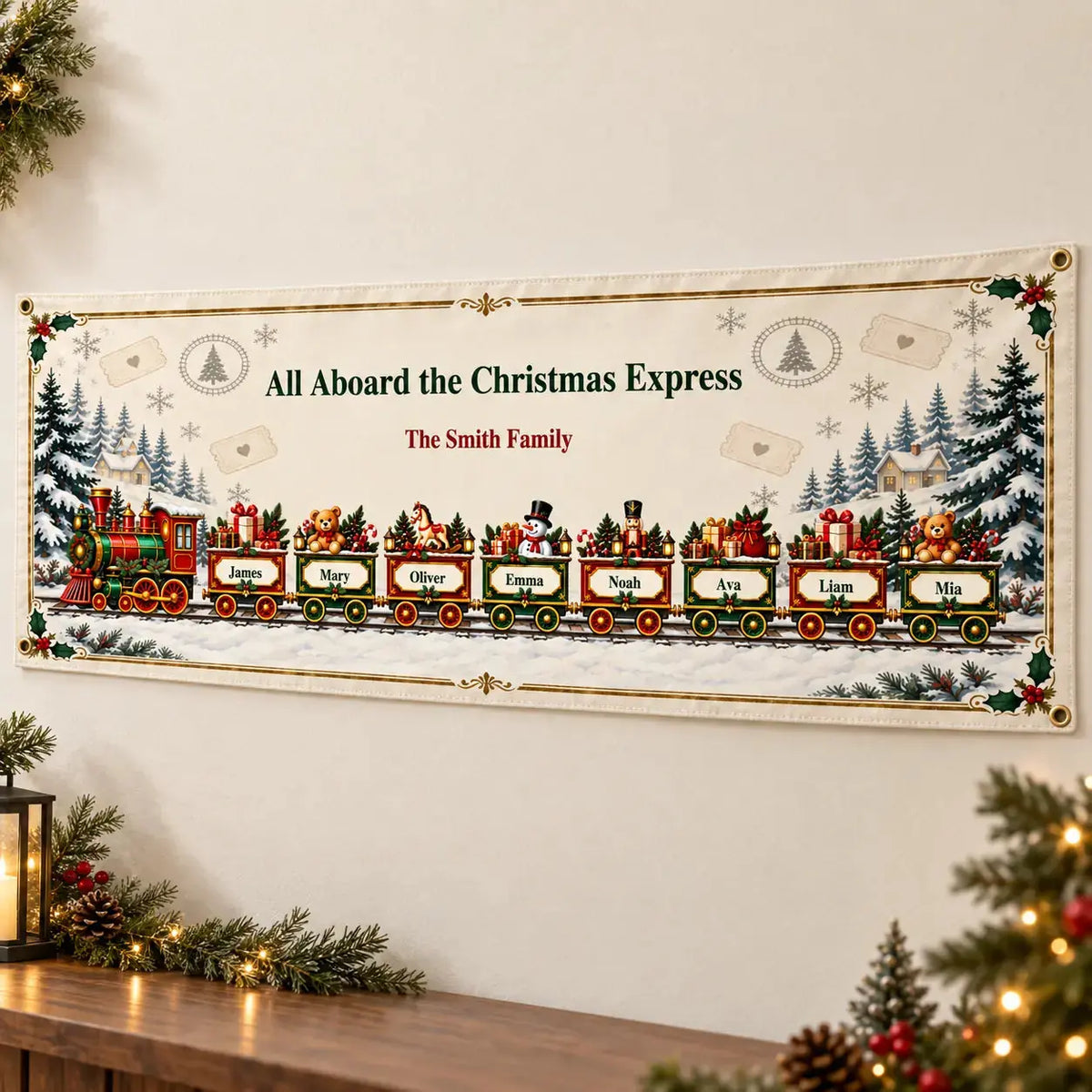 Fabric Banner Personalized Christmas Train Family Gift Duconspace