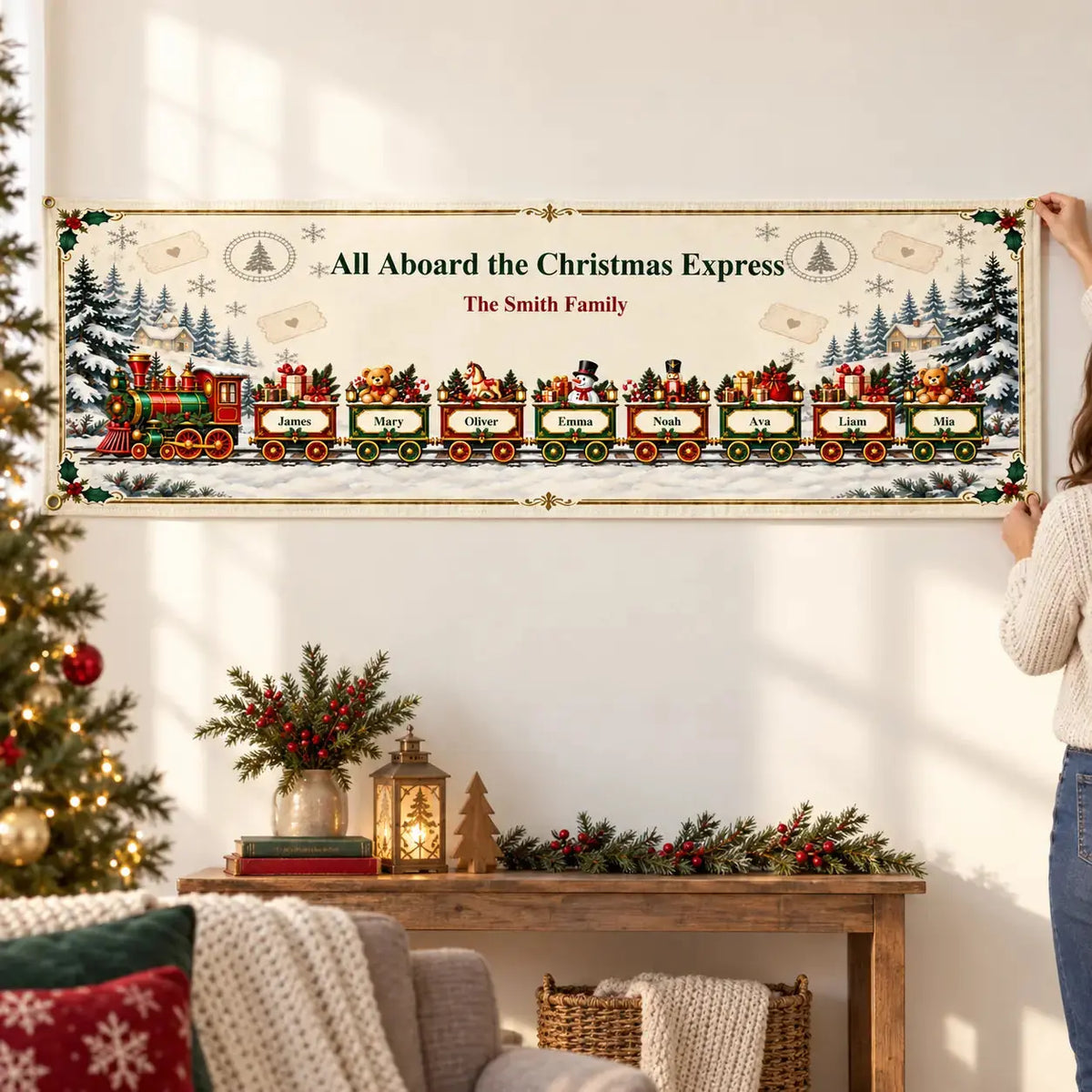 Fabric Banner Personalized Christmas Train Family Gift Duconspace