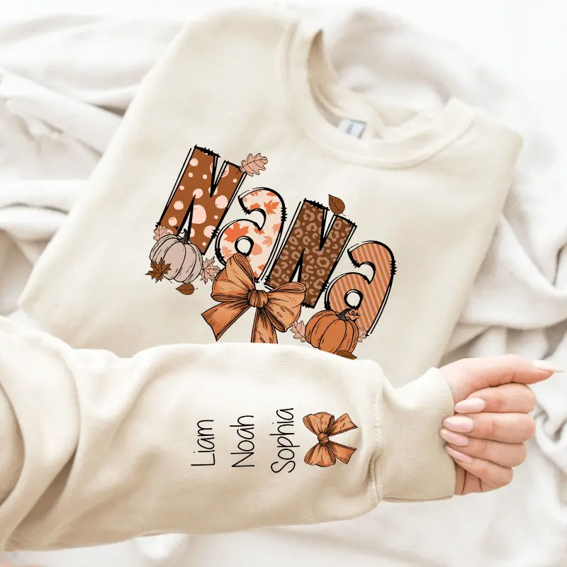 Custom Fall Nana, Mimi, Gigi Sweatshirt & Hoodie – Personalized with Grandchildren's Names on Sleeves Dreamship