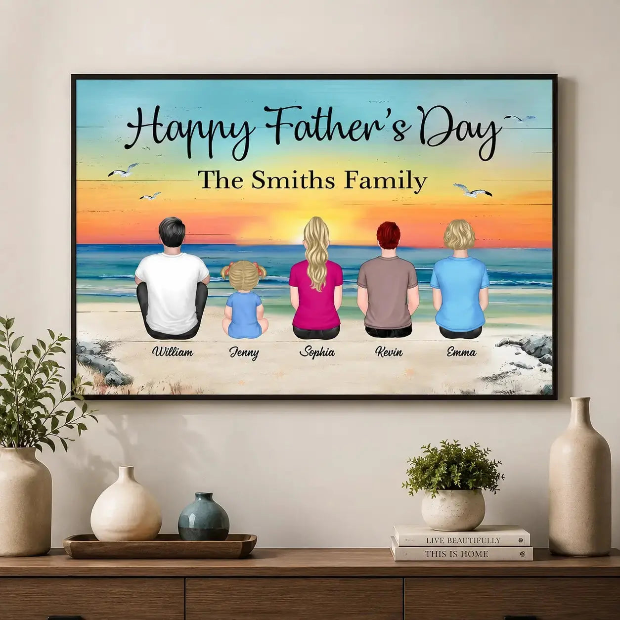Family Sitting Vintage Beach Landscape Poster - Custom Gift for Family Member Duconspace