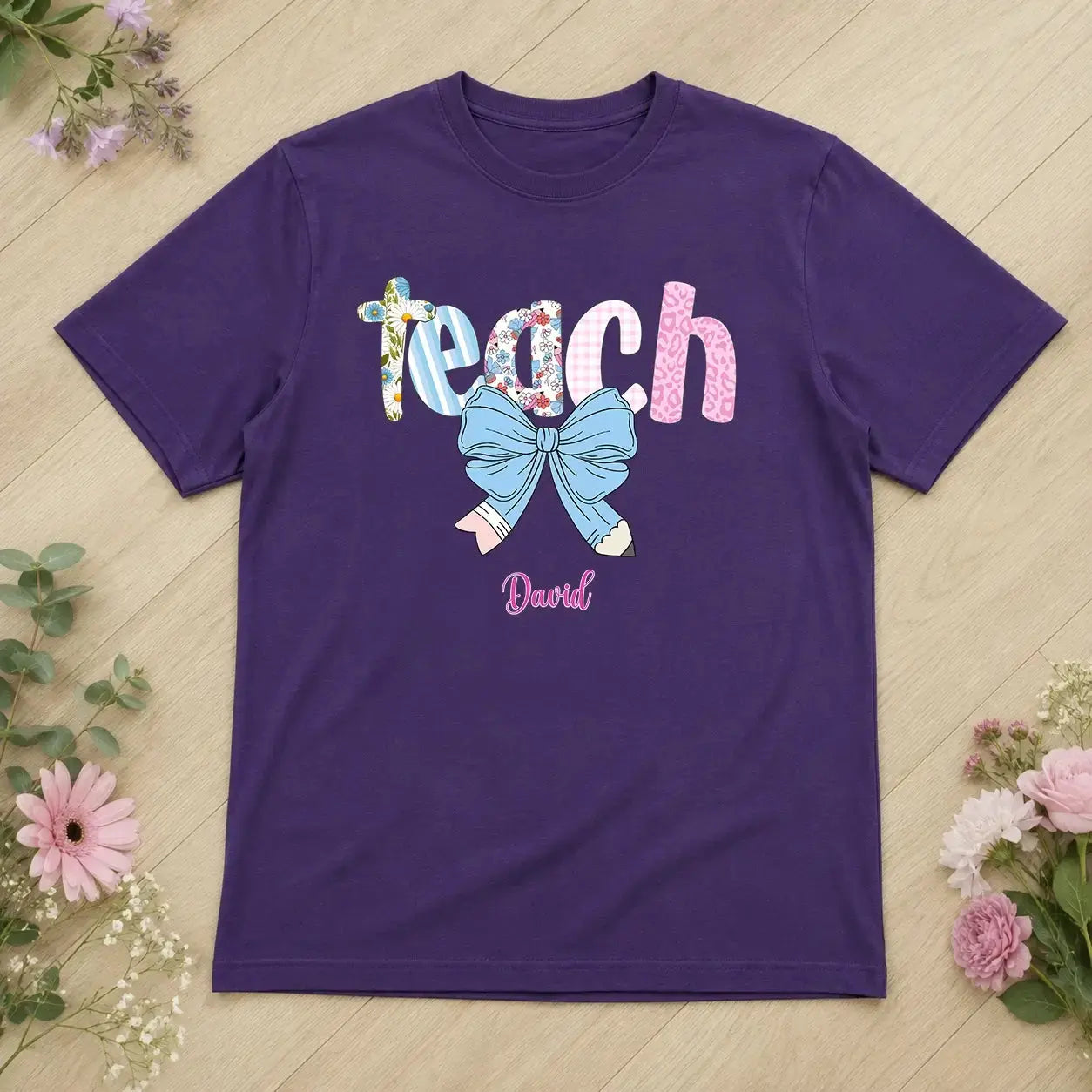 Fourth Grade Teacher Blue Floral Coquette Pencil Bow Shirt Duconspace