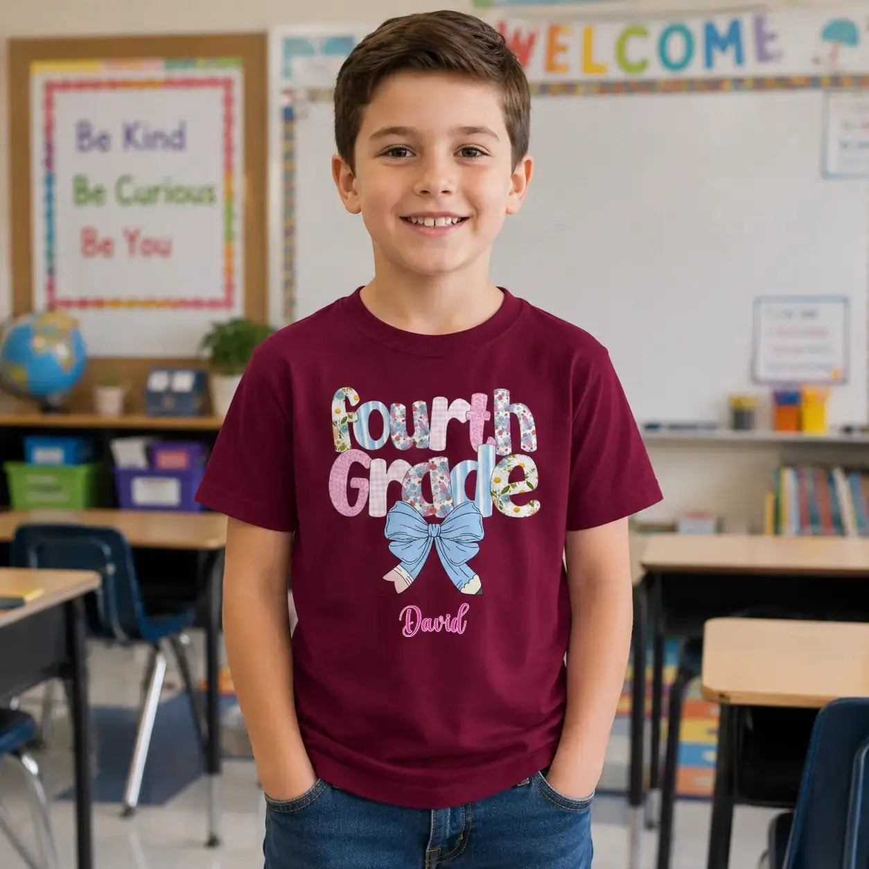 Fourth Grade Teacher Blue Floral Coquette Pencil Bow Shirt Duconspace