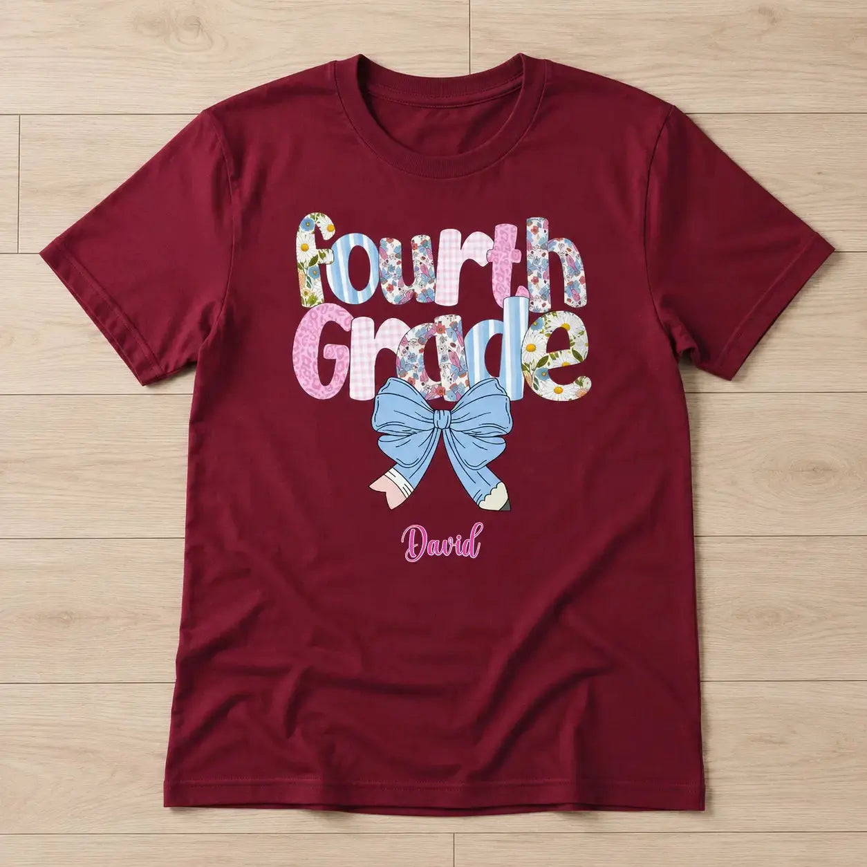 Fourth Grade Teacher Blue Floral Coquette Pencil Bow Shirt Duconspace