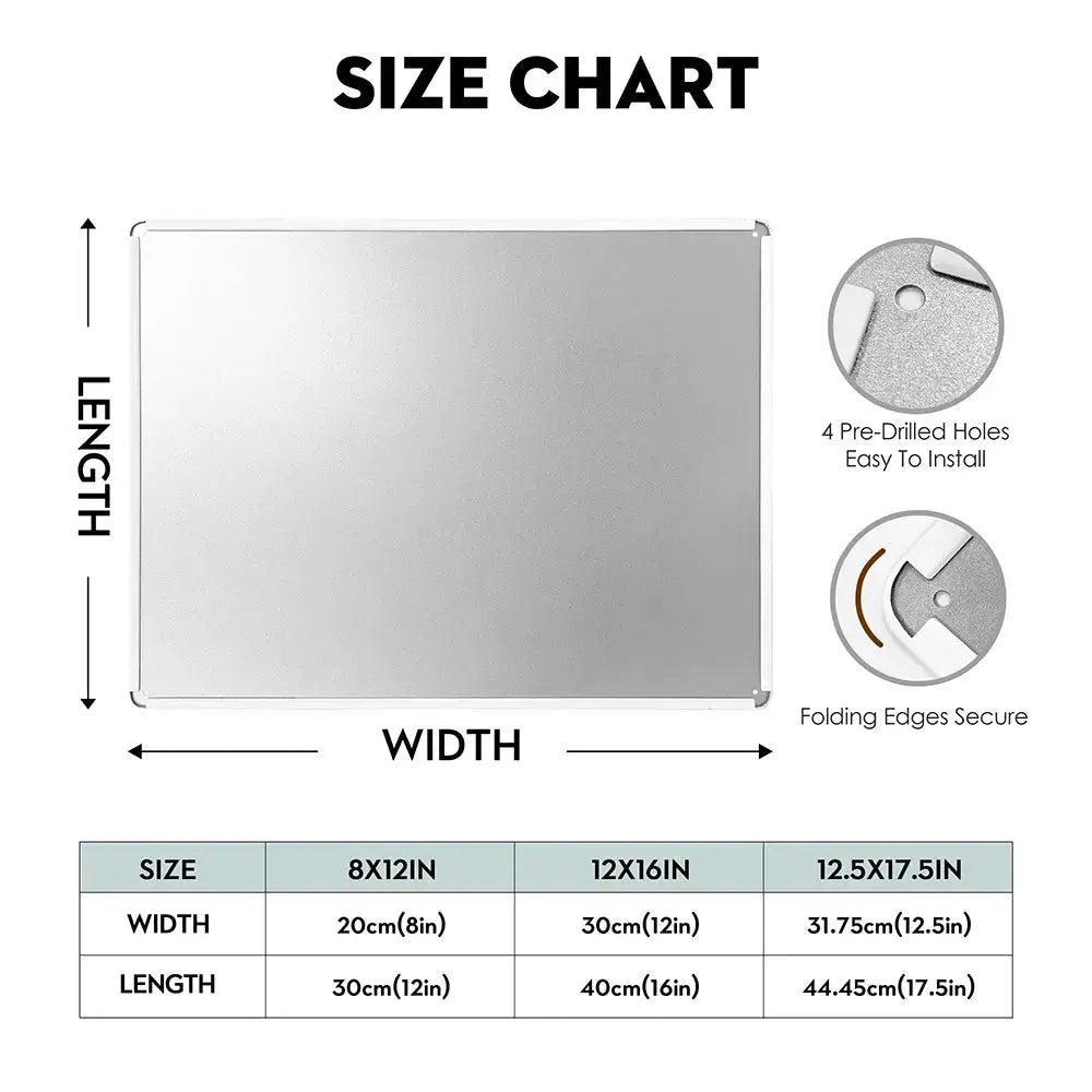 Size chart for rectangular panels with dimensions and features.
