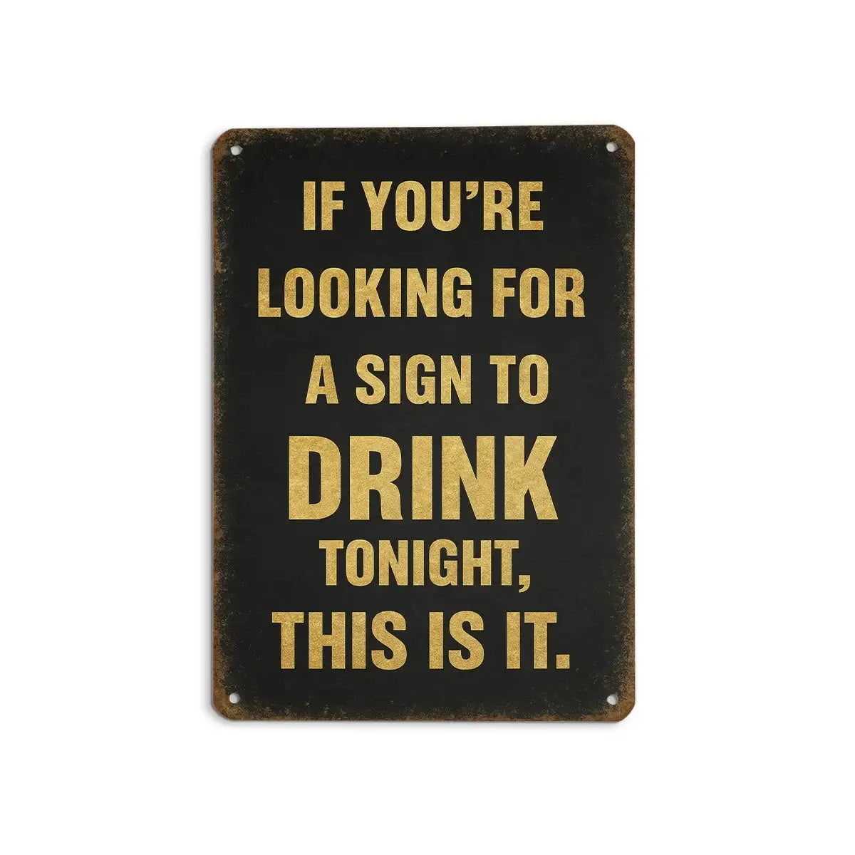 Black sign with gold text on a white background