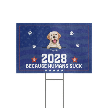 Garden sign with a dog illustration and text on a blue background
