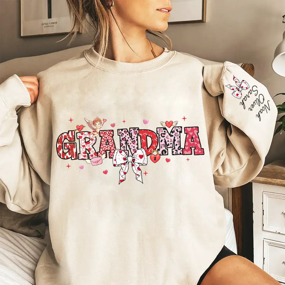 Grandma’s Love Woven in Hearts - Custom Sweatshirt & Hoodie with Kid Names on Sleeves, Perfect Valentine’s Gift for Grandma