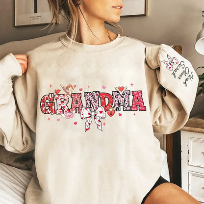Grandma’s Love Woven in Hearts - Custom Sweatshirt & Hoodie with Kid Names on Sleeves, Perfect Valentine’s Gift for Grandma