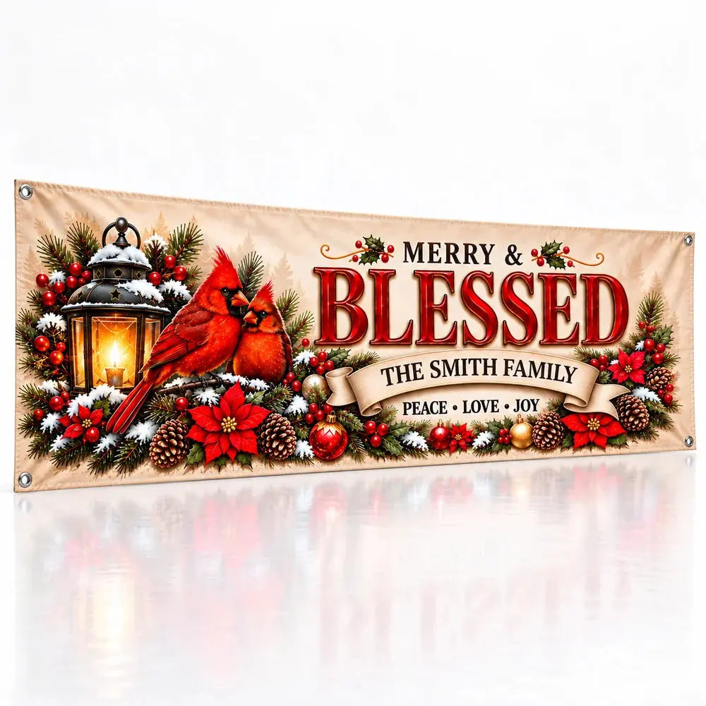 Personalized Merry Blessed Cardinal family banner on white background
