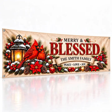 Personalized Merry Blessed Cardinal family banner on white background