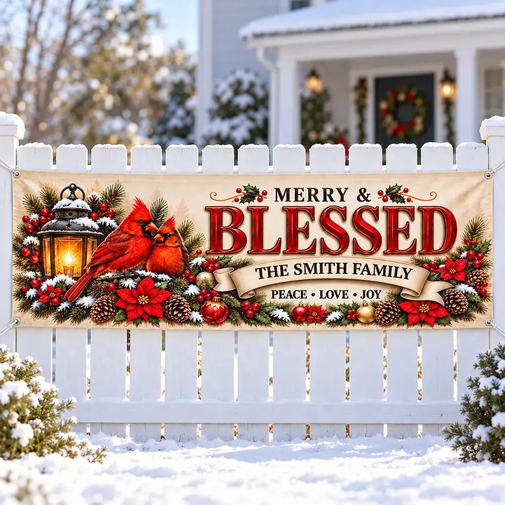 Merry and Blessed cardinal Christmas banner on a snowy white picket fence