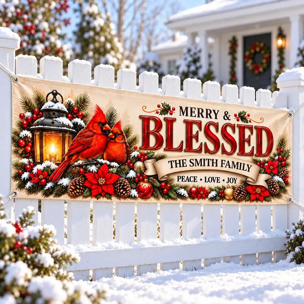 Custom family name Christmas banner on a fence, angled view