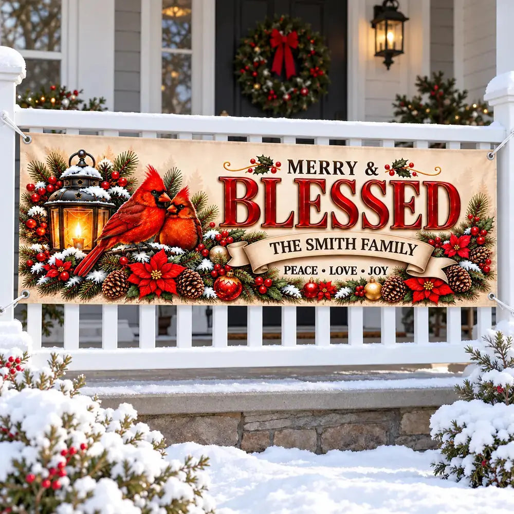 Personalized cardinal Christmas banner on a porch railing