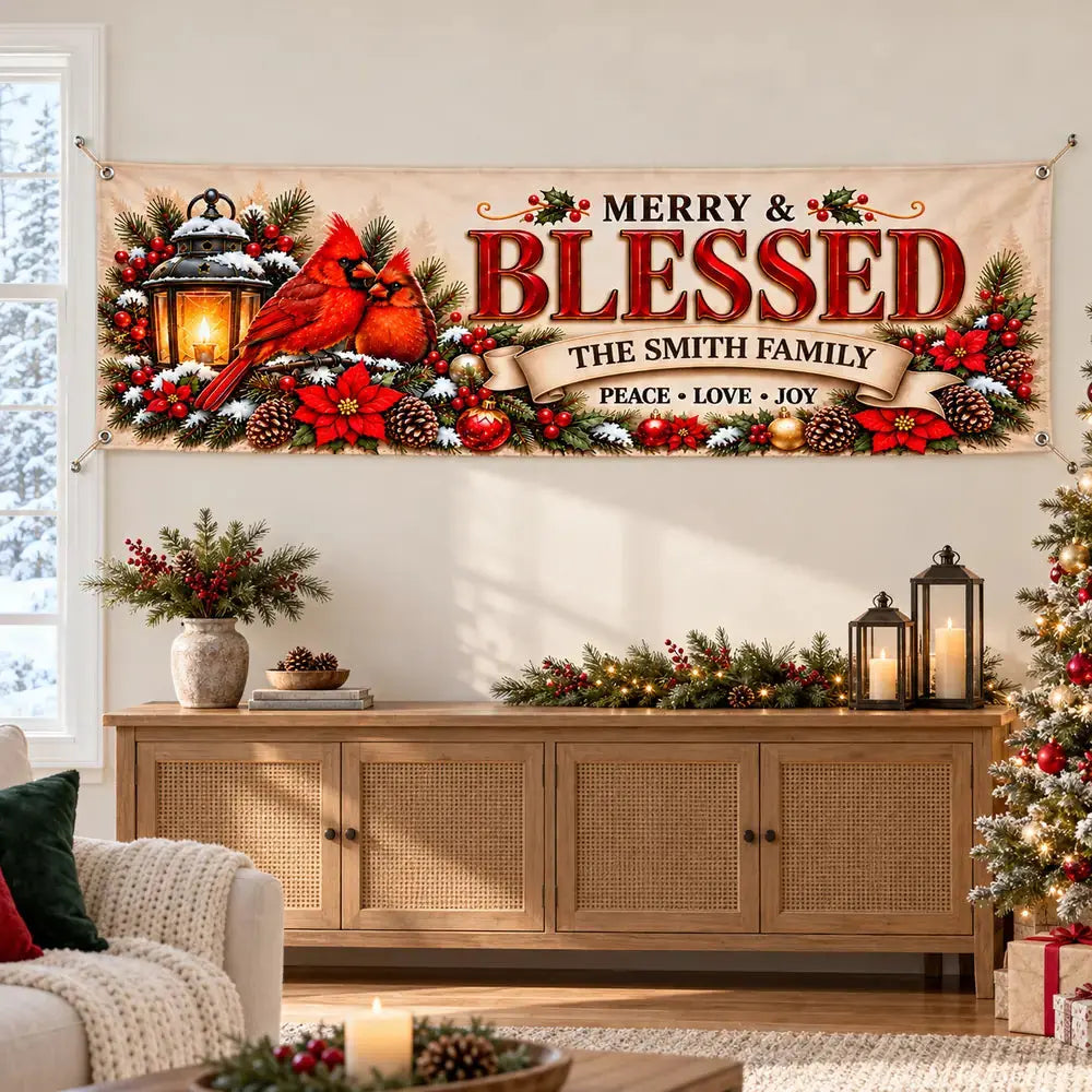 Merry and Blessed family banner hanging indoors at Christmas