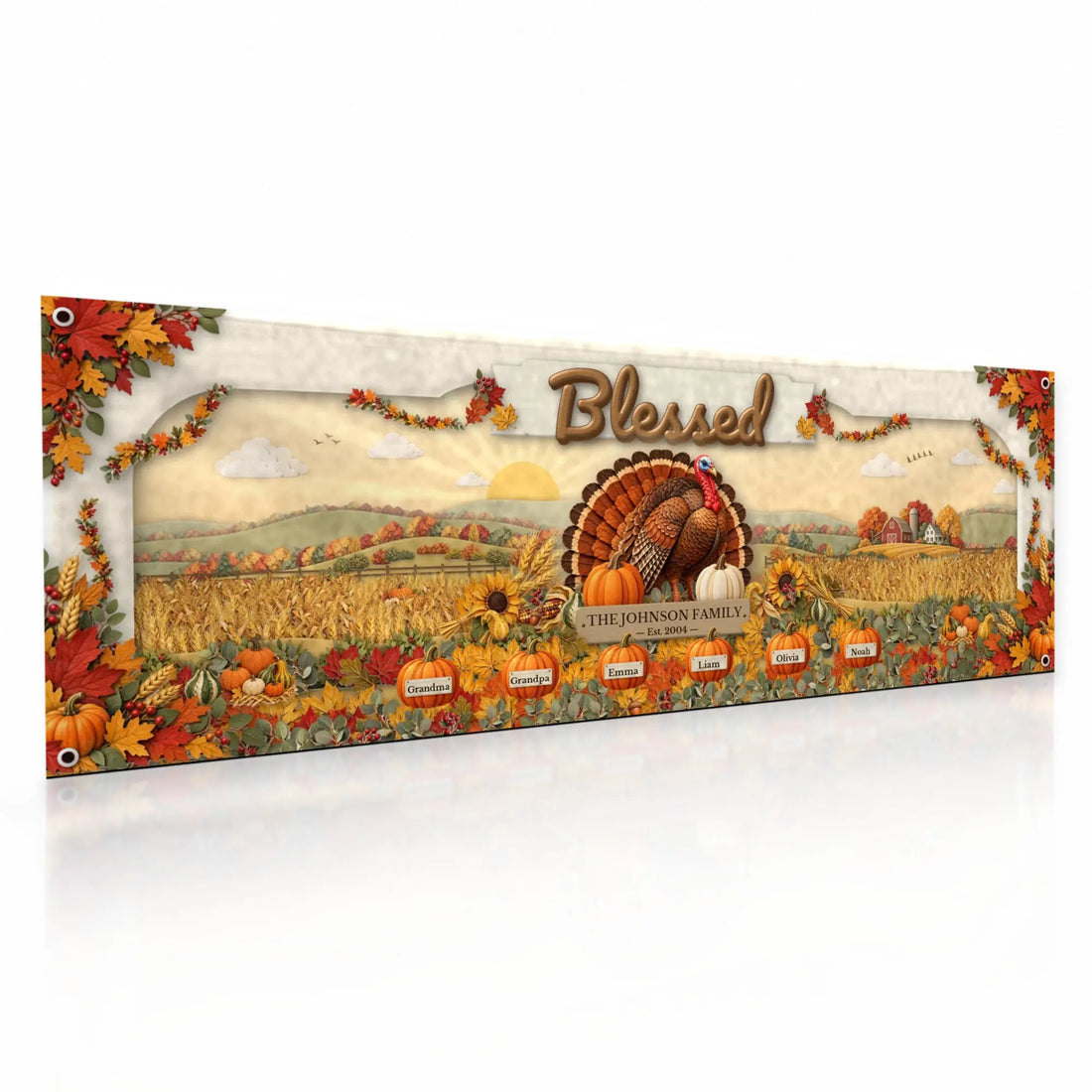 Custom Blessed family Thanksgiving fabric banner on white background
