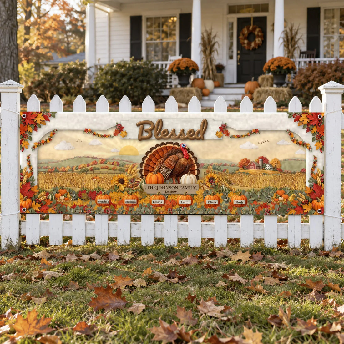 Custom Blessed family Thanksgiving fabric banner on white background
